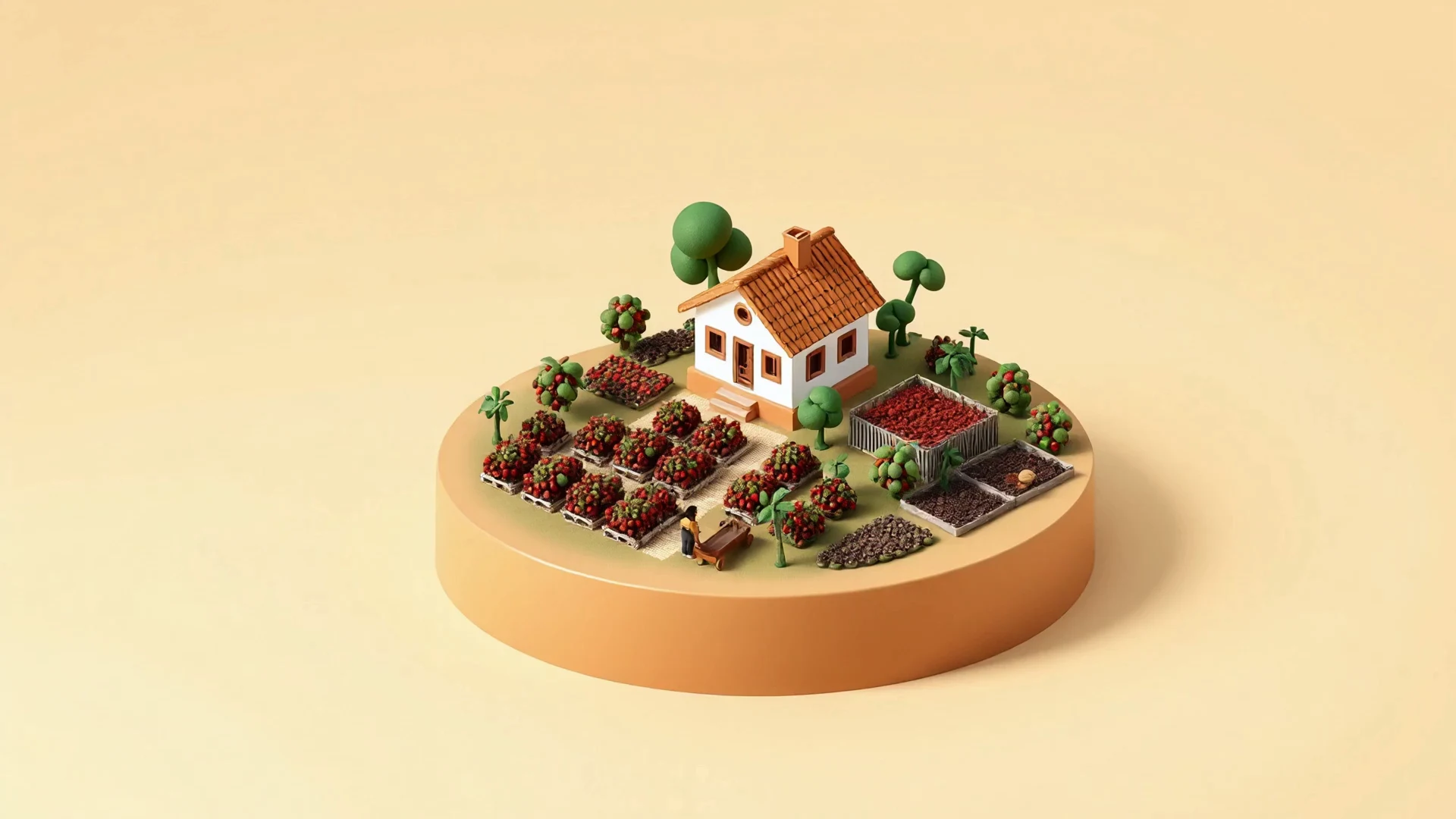 Cafezal em miniatura com casa de sítio